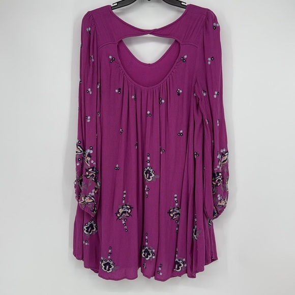 Free People Oxford Embroidered V Neck Purple Mini Dress Sz M Boho Bohemian - Picture 3 of 4